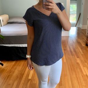 Blue and white polka dot blouse